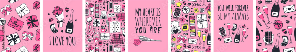 Set of Hand drawn Templates Fashion Cards with Romantic Objects and quote. Creative ink art work. Actual vector drawing of Holiday things. Happy Valentine's Day Illustration Set of Hand drawn Templates Fashion Cards with Romantic Objects and quote. Creative ink art work. Actual vector drawing of Holiday things. Happy Valentine's Day Illustration
