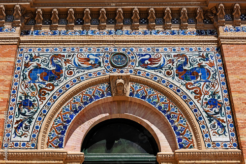 Detail of building of Palacio de la Velasquez at El Retiro Madrid, made by ceramic mosaic in spanish style