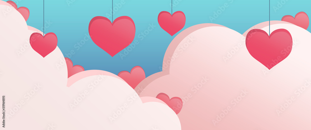 Valentine themed banner with cute pink cartoon style clouds and floating red hearts in front of blue sky