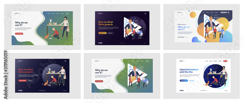 Set of people feeding cat and creating ideas. Flat vector illustrations of men and women working or care for pet. Day-to-day activity concept for banner, website design or landing web page