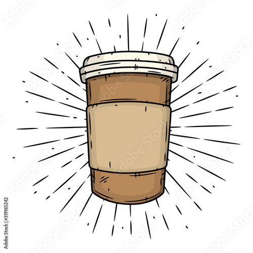 Coffee cup. Hand drawn vector illustration with coffee cup and divergent rays.