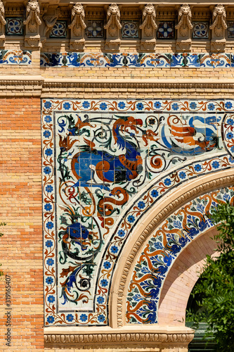 Detail of building of Palacio de la Velasquez at El Retiro Madrid, made by ceramic mosaic in spanish style