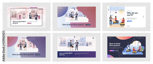 Set of realtor working with client. Flat vector illustrations of men and women chatting and cooperation. Communication and sales concept for banner, website design or landing web page