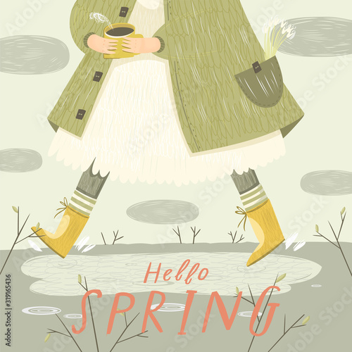 Hello spring! Cute vector illustration of a girl in a dress and coat and boots running through the puddles. Drawing for postcard, card or poster.