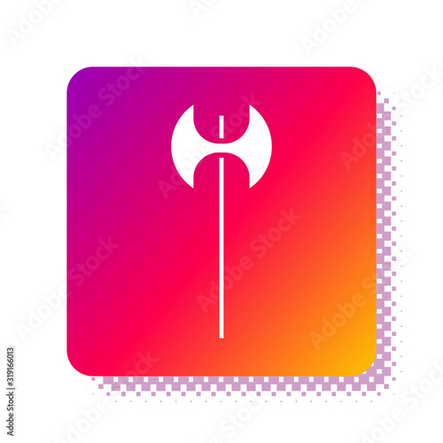 White Medieval axe icon isolated on white background. Battle axe, executioner axe. Medieval weapon. Square color button. Vector Illustration
