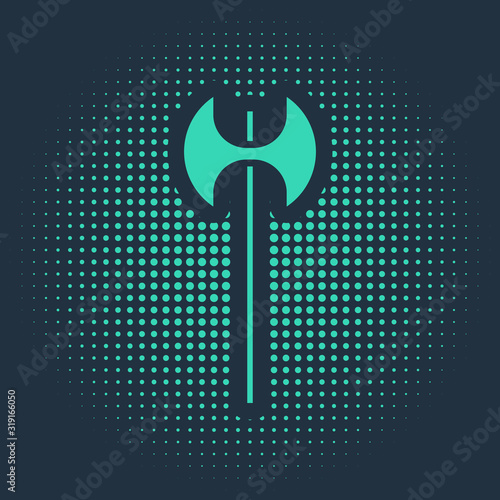 Green Medieval axe icon isolated on blue background. Battle axe, executioner axe. Medieval weapon. Abstract circle random dots. Vector Illustration