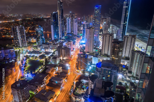 Long exposure of a cityscape of Surfers Paradise in the early morning from a high building