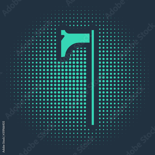Green Medieval axe icon isolated on blue background. Battle axe, executioner axe. Medieval weapon. Abstract circle random dots. Vector Illustration