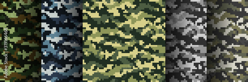 Set of 5 seamless digital camouflage patterns. Abstract modern military textile print background. Vector illustration.