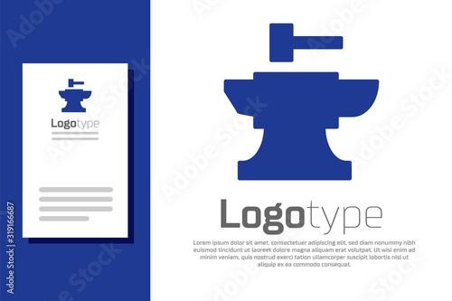 Blue Anvil for blacksmithing and hammer icon isolated on white background. Metal forging. Forge tool. Logo design template element. Vector Illustration