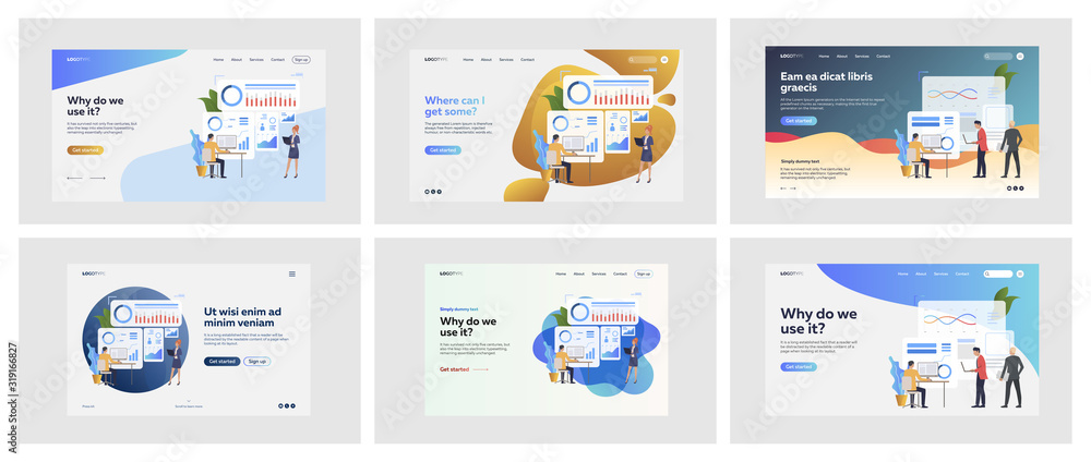 Set of business people making statistics. Flat vector illustrations of men and women using software. Report and analytics concept for banner, website design or landing web page - obrazy, fototapety, plakaty 