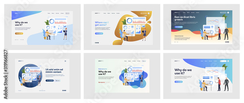Set of business people making statistics. Flat vector illustrations of men and women using software. Report and analytics concept for banner, website design or landing web page