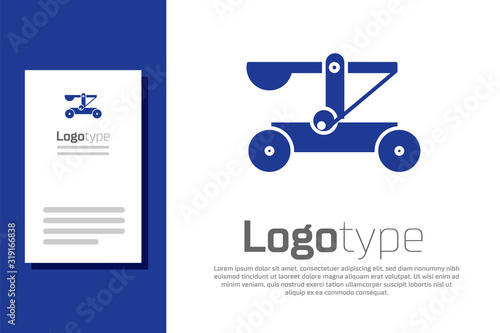 Blue Old medieval wooden catapult shooting stones icon isolated on white background. Logo design template element. Vector Illustration