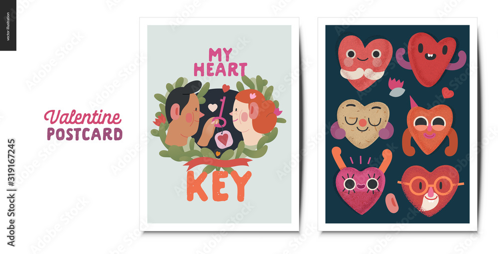 Valentines postcards -Valentines day graphics. Modern flat vector concept illustration - greeting cards - a young couple, man giving his heart key to a woman, happy hearts in love