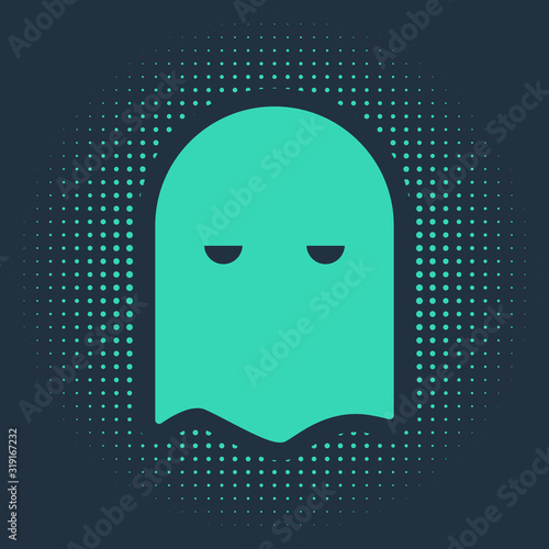 Green Executioner mask icon isolated on blue background. Hangman, torturer, executor, tormentor, butcher, headsman icon. Abstract circle random dots. Vector Illustration