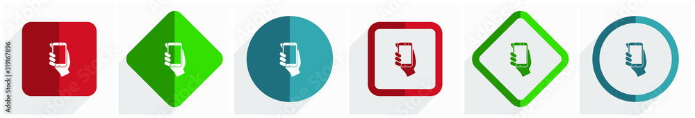 Smartphone in hand, mobile phone icon set, flat design vector illustration in 6 options for webdesign and mobile applications in eps 10 Smartphone in hand, mobile phone icon set, flat design vector illustration in 6 options for webdesign and mobile applications in eps 10