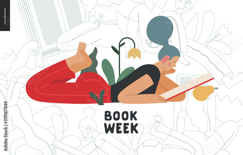 World Book Day graphics - book week events. Modern flat vector concept illustrations of reading people - a young blue-haired woman reading a book laying down surrounded by plants and blossom flowers