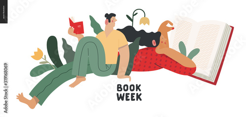World Book Day graphics - book week events. Modern flat vector concept illustrations of reading people - a young brunette woman reading a book laying down surrounded by plants and young sitting man