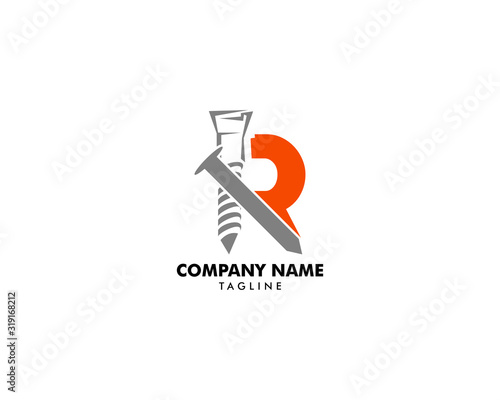 Initial Letter R with Screw and Nail Vector Logo Template Design Element