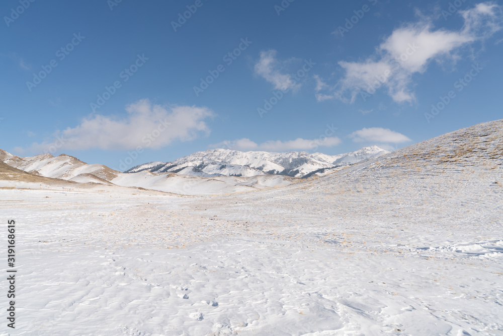Snow mountain and snow field grassland near by the Xinjiang China Sayram lake. Winter season.