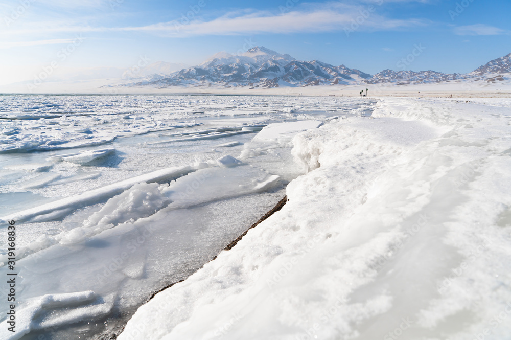 China Xinjiang Sayram Lake(sailimu hu) in winter. Climate and travel concept.
