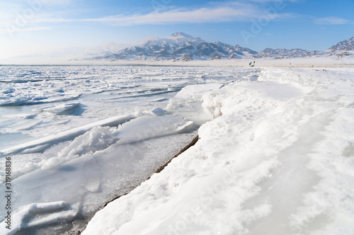 China Xinjiang Sayram Lake(sailimu hu) in winter. Climate and travel concept.