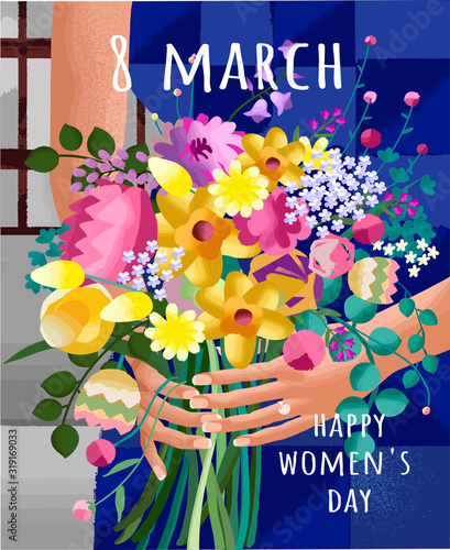 Happy Women's Day on March 8th. Abstract vector illustration of a flower bouquet in female hands. Gradient pattern of plants and leaves for poster, card or background.