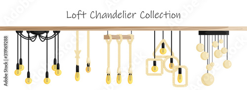 Vector ceiling loft chandeliers set in flat style. Electricity vintage equipment for home interior isolated on white background. Collection of ceiling pendant lamps and bulb. Illuminating Edison bulbs