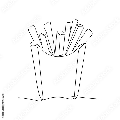 French fries in continuous line art drawing style. Fried potato sticks minimalist black linear sketch isolated on white background. Vector illustration