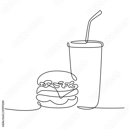 Burger and soda takeout food in continuous line art drawing style. Fast-food minimalist black linear sketch isolated on white background. Vector illustration