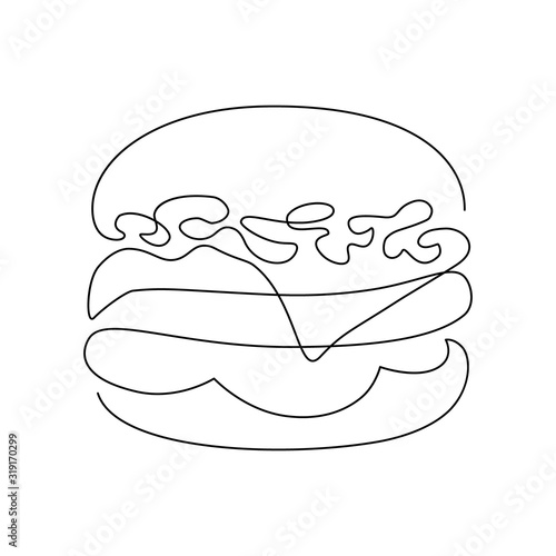 Burger in continuous line art drawing style. Hamburger minimalist black linear sketch isolated on white background. Vector illustration