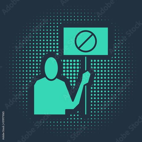Green Nature saving protest icon isolated on blue background. Earth planet protection, environmental issues demonstration. Abstract circle random dots. Vector Illustration