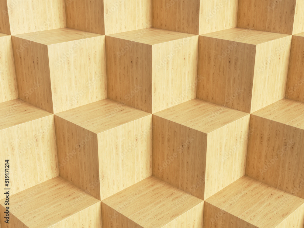 Abstract yellow 3D geometric wood cubes background. 3d rendering - illustration.