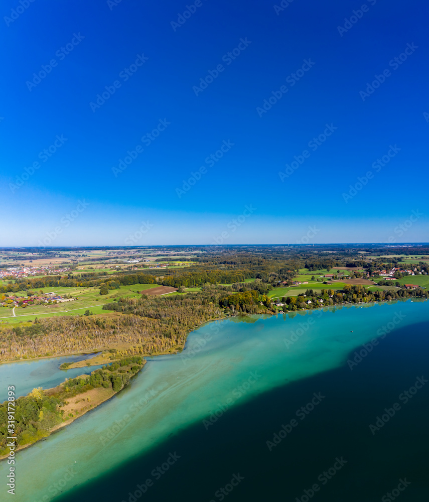 Aerial view, Wörth lake with the Wörth island or Mausinsel, Stranberg district, Bachern, Bavaria, Germany