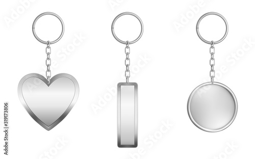 Keychains set. Metal round, rectangular and heart shape keyring holders isolated on white background. Silver colored accessories or souvenir pendants mock up. Realistic 3d vector illustration, icon
