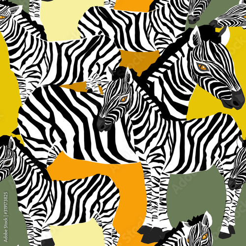 Zebras seamless pattern. vector illustration of zebras on yellow  orange and green background