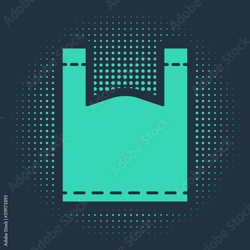 Green Plastic bag icon isolated on blue background. Disposable cellophane and polythene package prohibition sign. Abstract circle random dots. Vector Illustration