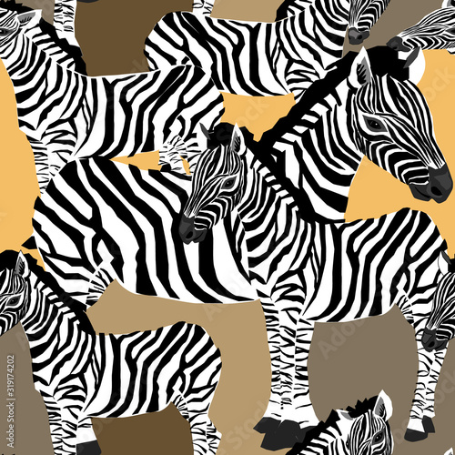 Zebra s seamless pattern. Vector illustration of zebras on beige and yellow background
