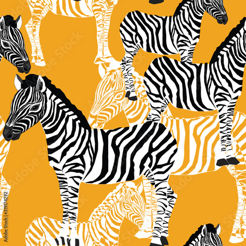 Zebra's seamless pattern. Vector illustration of zebras on orange background