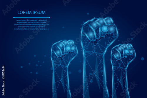 Abstract mash line and point rised Clenched fist. Low poly protesting crowd. Protest, revolution, conflict polygonal vector illustration