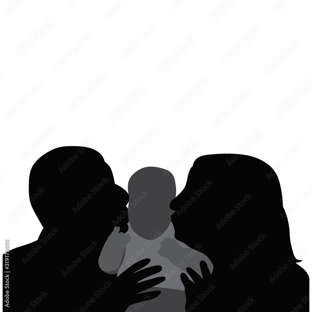  isolated, silhouette, parents and baby, portrait
