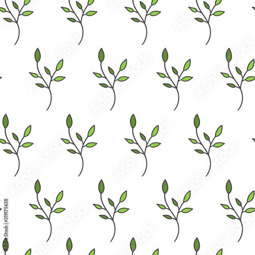 Simple tender twig on a white background. Spring seamless pattern.Leaves and shoots.Design of packaging, website, packages, social networks, fabrics, Wallpapers.Vector illustration