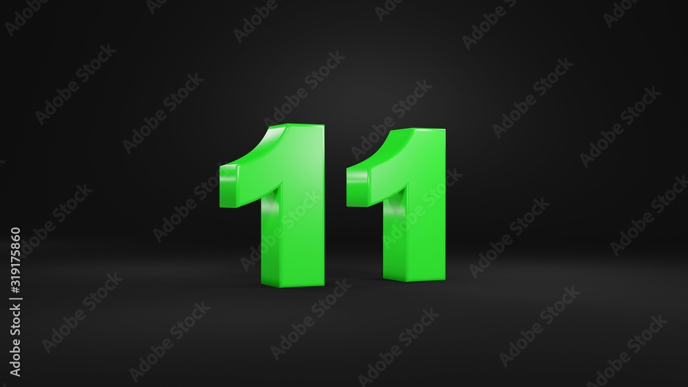 Number 11 in glossy green color on black background, isolated number, 3d render Number 11 in glossy green color on black background, isolated number, 3d render