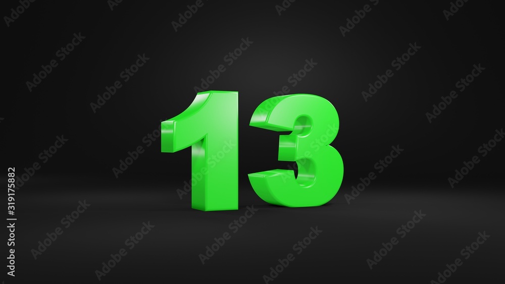 Number 13 in glossy green color on black background, isolated number, 3d render Number 13 in glossy green color on black background, isolated number, 3d render