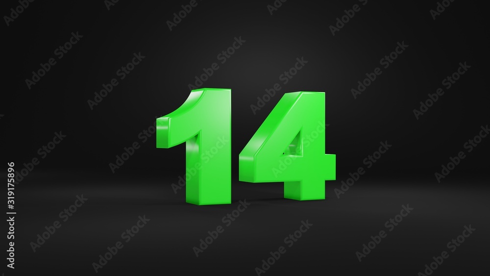 Number 14 in glossy green color on black background, isolated number, 3d render Number 14 in glossy green color on black background, isolated number, 3d render