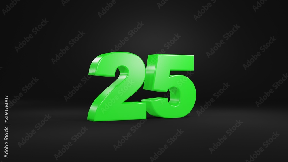 Number 25 in glossy green color on black background, isolated number, 3d render Number 25 in glossy green color on black background, isolated number, 3d render