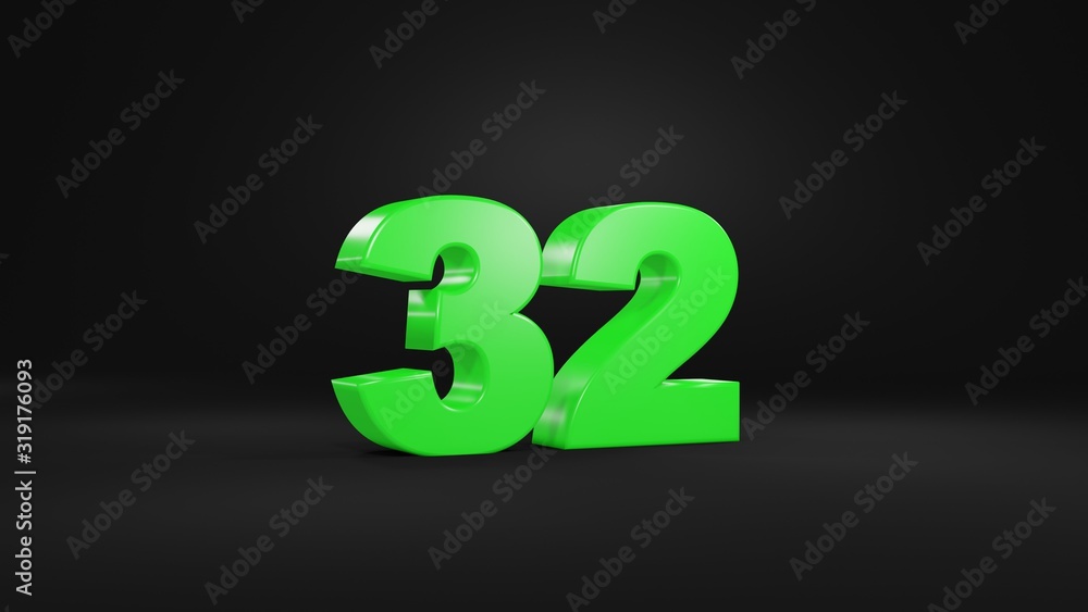 Fototapeta premium Number 32 in glossy green color on black background, isolated number, 3d render