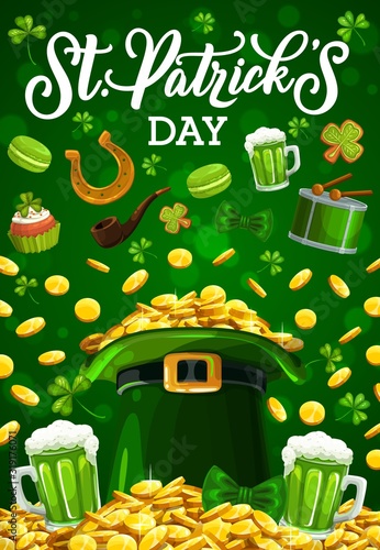 Patricks Day leprechaun gold coins in hat and luck shamrock clover leaf. Vector St Patrick party, Irish holiday celebration, green beer and golden horseshoe, smoking pipe and green cookies