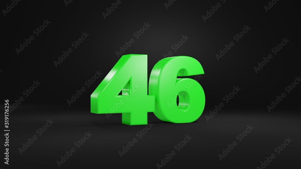 Number 46 in glossy green color on black background, isolated number, 3d render Number 46 in glossy green color on black background, isolated number, 3d render