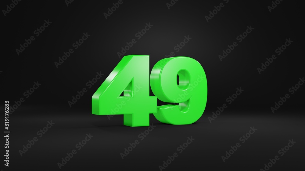 Number 49 in glossy green color on black background, isolated number, 3d render Number 49 in glossy green color on black background, isolated number, 3d render